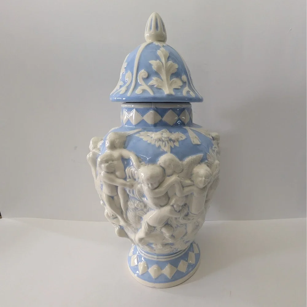 Blue and White Ceramic Cherub Ginger Jar Ornate Relief Urn w Lid 15i